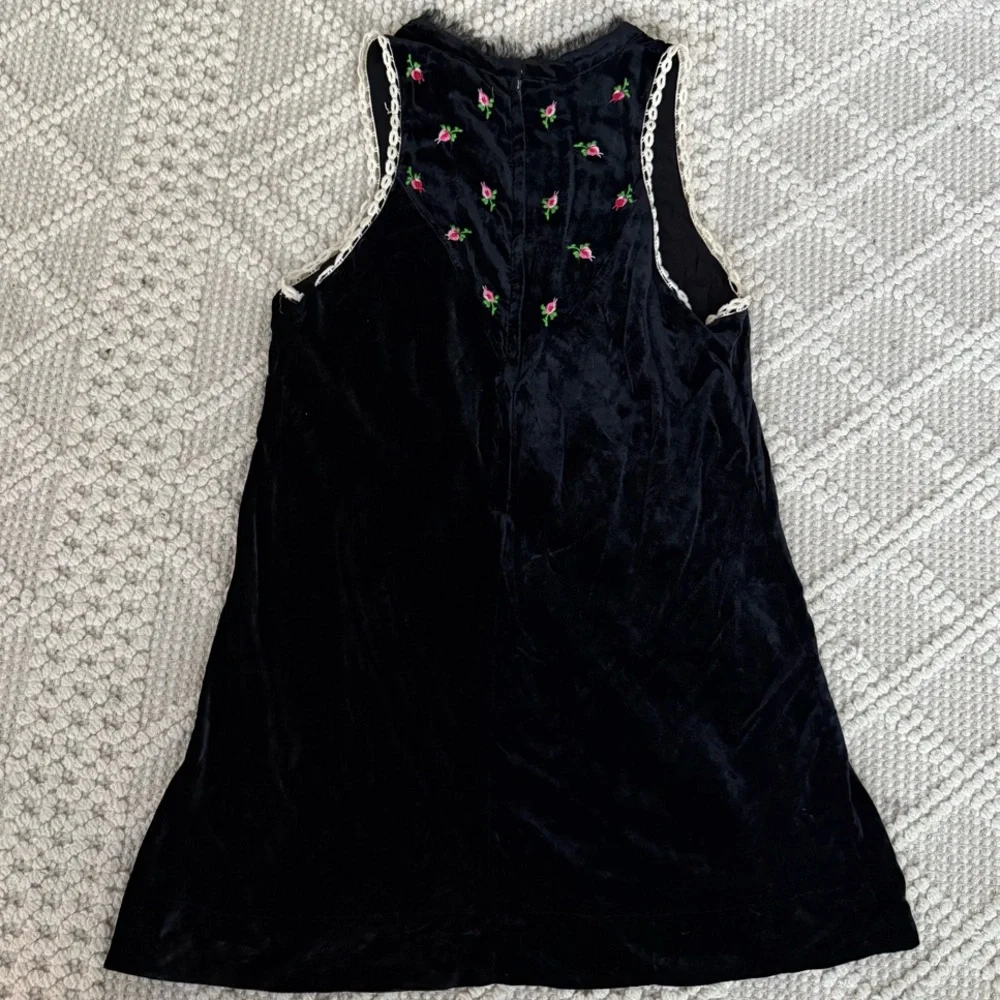 Free People Rosetta Black Velvet Embroidered Rose Mini Shift Dress L